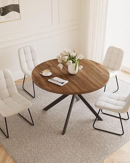 45.3 Inch Round Dining Table Set for 4, Mid Century Modern Small Coffee Set for Dining Room Kitchen Apartment (Light Walnut + 4 U-Shaped White Chairs)
