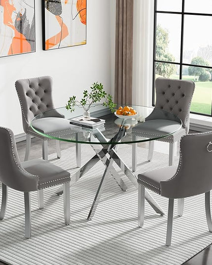 HomVent 5 Piece Round Glass Dining Table Set, Tempered Glass Dinner Table Set for 4 Kitchen Table Set with 4 Velvet Upholstered Chairs for Kitchen Dining Room
