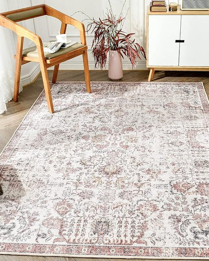 jinchan Kalen Area Rug 6x9 Washable Living Room Rug Vintage Indoor Large Floor Cover Retro Accent Mat Distressed Floral Country Boho Non Slip Thin Carpet for Bedroom Dining Room Office Red Multi