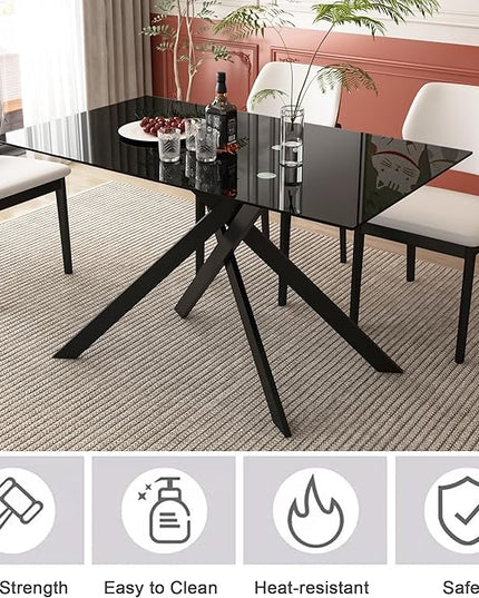 7 Piece Glass Dining Table Set, Glass Kitchen Dining Room Table Set for 6, Modern 51" Rectangular Black Glass Metal Dining Table with 6 White Leather Dining Chairs for Kitchen Dining Room