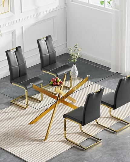 HomVent 5 Piece Rectangular Glass Dining Table Set, Rectangular Glass Kitchen Table Set for 4 with 4 PU Upholstered Dining Chairs for Kitchen Dining Room