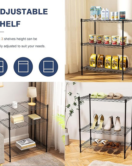 3-Tier Wire Shelf Rack,24" Dx14 Wx 30" H,Wire Metal Shelving with Lockable Wheels,Height Adjustable Storage Sranding Shelves for Kitchen,Living Room,Laundry,Office,Pantry,Studio,Black