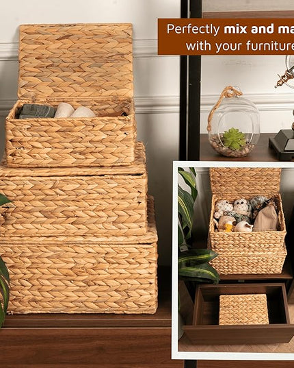 Wicker Storage Baskets with Lid, Basket With Lid Decorative Storage Rectangle 14"D X 11"W X 7"H Wicker Storage Basket With Lid Large Rattan Storage Box Hyacinth Baskets