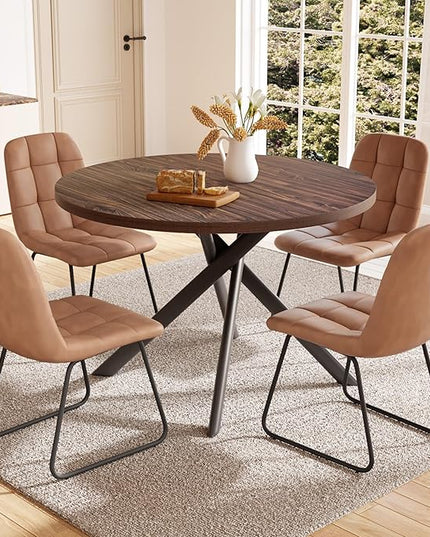 45.3 Inch Round Dining Table Set for 4, Mid Century Modern Small Coffee Set for Dining Room Kitchen Apartment (Dark Walnut Table + 4 U-Shaped Brown Chairs)