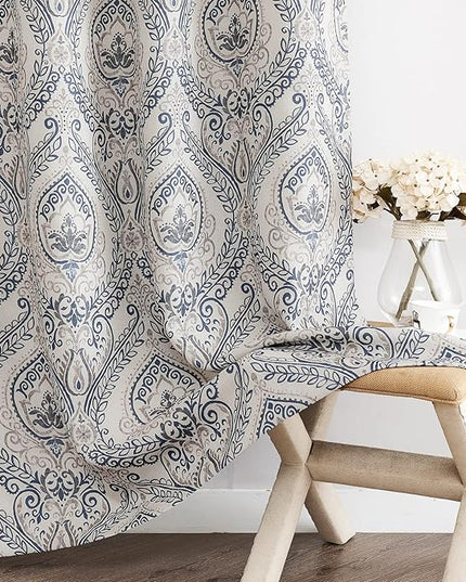 jinchan Linen Textured Curtains for Living Room Darkening 54 Inch Length, Medallion Drapes for Bedroom, Damask Pattern Window Treatments Vintage Curtain Panels, 2 Panels Blue on Greige