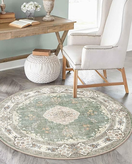 MUJOO Green Round Rug 4ft,Circle Washable Area Rugs for Bedroom Living Room Bathroom,Boho Small Non Slip Circular Carpet,Sage Floral