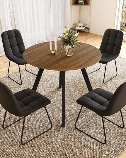 34.6'' Round Dining Table and Chairs for 4 Space Saving for Apartment Kitchen Dining Room (Walnut Table+4 U-Shaped Black Chairs)