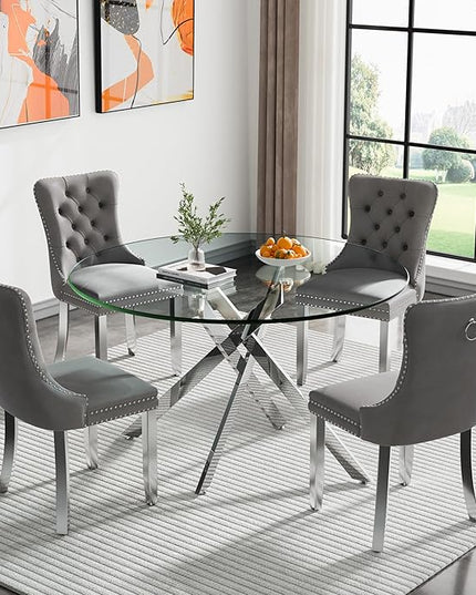Round Glass Dining Table Set for 4, 47'' Clear Circular Kitchen Table and Chairs Set, 5PCS Modern Circle Dining Room Table Set with 4 Velvet Dining Chair for Home