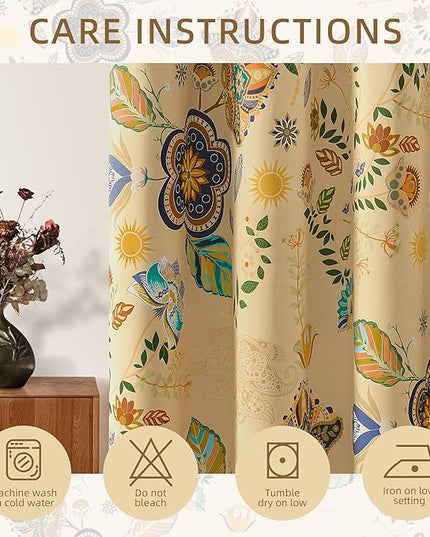 XiDi Beige Floral Curtains 90 Inches Long 2 Panels Vintage Patterned Blackout Curtains for Bedroom Living Room Thermal Insulated Grommet Rustic Luxury Colorful Botanical Flower Printed Drapes 52x90