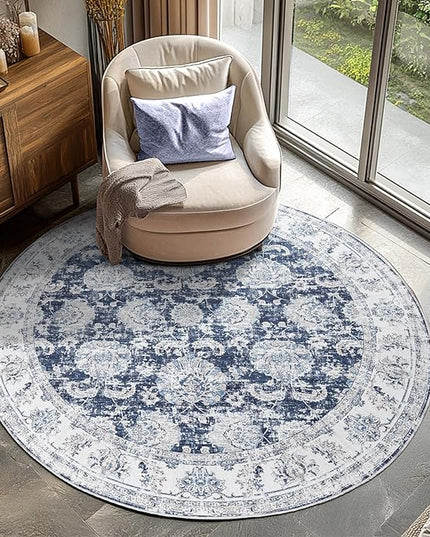 jinchan Fiora Round Rug 5ft Area Rugs Vintage Floral Distressed Design - Machine Washable Non-Slip Low-Pile Ultra-Thin Circle Rug for Entryway Bedside Living Room Bedroom (5' Round, Dark Blue)