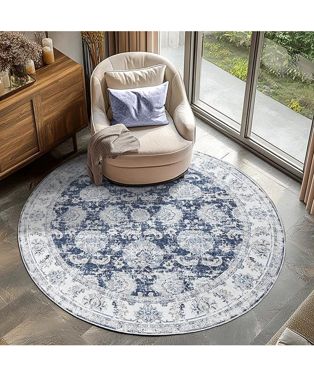 jinchan Fiora Round Rug 4ft Area Rugs Vintage Floral Distressed Design - Machine Washable Non-Slip Low-Pile Ultra-Thin Circle Rug for Entryway Bedside Living Room Bedroom (4' Round, Dark Blue)