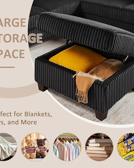 Modular Sectional Sofa Couch, L-Shape Corduroy Couches 4 Seat with Storage Ottoman, Modern Corner Sofa Memory Foam Sectional Cloud Couches for Living Room, Bedroom, Apartment, Office (Black)