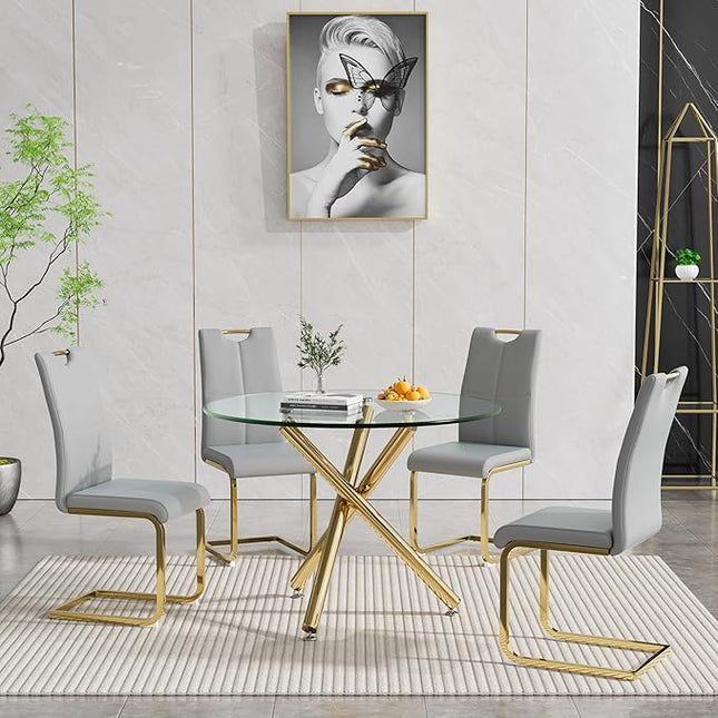 HomVent Round Glass Dining Table Set for 4, 5-Piece Modern Kitchen Table Set with 4 PU Upholstered Chair for Kitchen Dining Room, Glass Dining Room Table Set