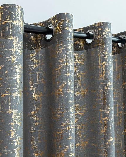 Taisier Home Dark Grey & Gold Geometric Dots Curtains 108" - Extra Long Decorative Window Drapes, Set of 2 Gold Foil Print Linen Textured Panels for Living Room Bedroom