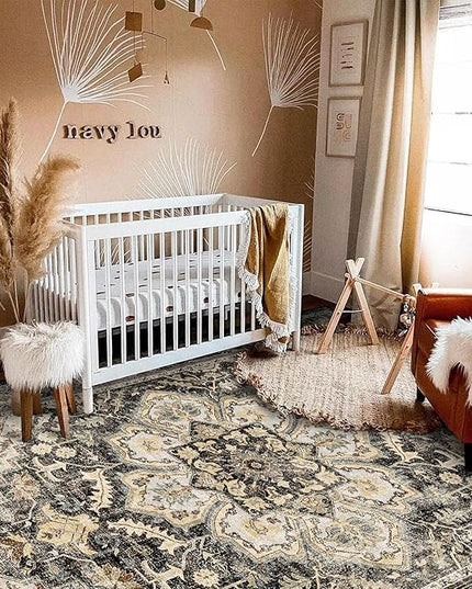 Washable Oriental Area Rug - 5x8 Rugs for Living Room Soft Carpet for Bedroom Waterproof Floral Distressed Indoor Stain Resistant Non-Shedding Floor Carpets (Black/Grey, 5x8)