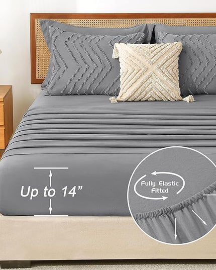 Litanika Queen Size Comforter Set with Sheets Medium Gray - 7 Pieces Bed in a Bag Queen Chevron Tufted Complete Bedding Sets with Comforter, Sheets, Pillowcases & Shams