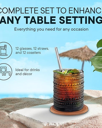 12 OZ Hobnail Drinking Set of 12 – Vintage Embossed Glassware, Textured Tumblers for Water, Beer, Cocktails, Mocktails, Whiskey & More – Includes Straws and Coasters – Smokey Gray