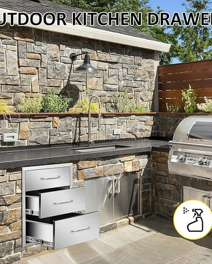 Outdoor Kitchen Drawers 18" W x 21" H x 21" D Flush Mount Triple BBQ Drawers with Chrome Handle Stainless Steel Drawer for Outdoor Kitchen Island, Patio Grill Station