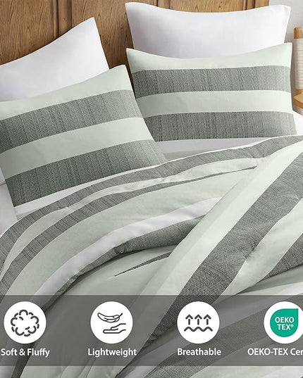 Queen Comforter Set, 3 Pieces Striped Bed Set, Soft Brushed Microfiber Reversible Bedding Set for All Season, Lightweight & Breathable Bedding Set with Comforter & Shams, Sage Green