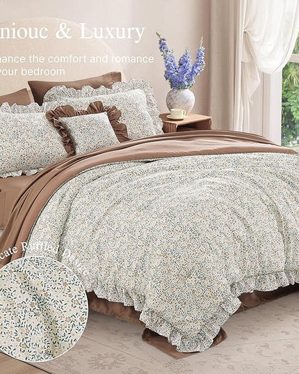 Full Comforter Set - 7 Pieces Ruffle Beige Ditzy Bedding Sets, Shabby Chic Farmhouse Bed in a Bag Full with Floral Comforter, Sheets, Pillowcases & Shams