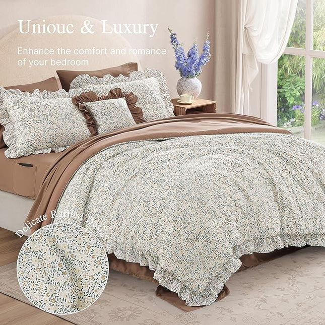 Twin XL Comforter Set - 5 Pieces Ruffle Beige Ditzy Bedding Sets, Shabby Chic Farmhouse Bed in a Bag Twin XL with Floral Comforter, Sheets, Pillowcase & Sham