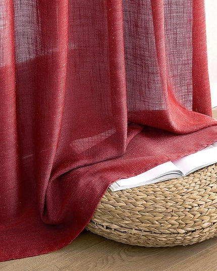 MIULEE Burgundy Red Kitchen Curtains 36 Inch Length 2 Panels, Soft Thick Linen Textured Semi Sheer Light Filtering Short Cafe Tier Curtains for Small Half Window Back Tab Rod Pocket Christmas Decor