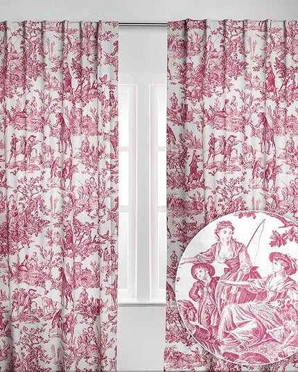 Maison d' Hermine Curtains for living room 100% Cotton 84 inch length Two Panels Light Filtering Toile Curtains for Bedroom with rod and loop Pockets (The Miller Red (White Background), 50"W x 84"L)