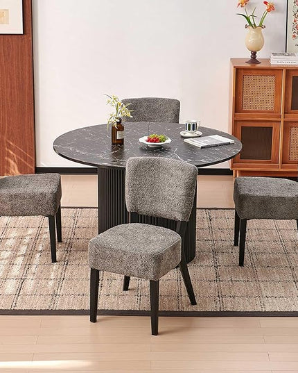 Howtek 5-Piece Modern Dining Room Set, 47" Faux Black Marble Round Dining Table with 4 Gray Space-Saving Upholstered Stackable Dining Chairs, Kitchen Table and Chairs Set for Home
