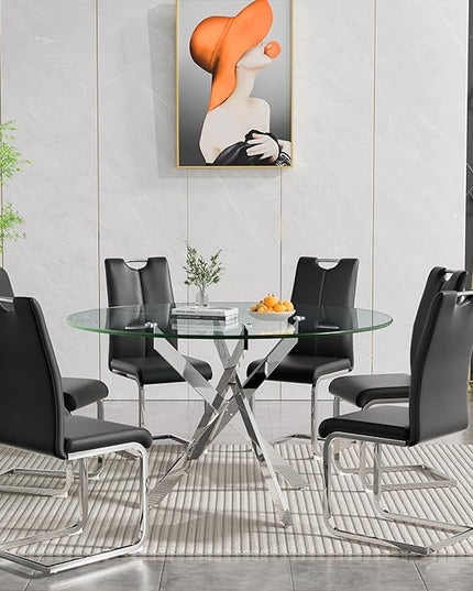 HomVent 7 Piece Round Glass Dining Table Set, Round Glass Kitchen Table Set for 6 with 6 PU Upholstered Dining Chairs for Kitchen Dining Room