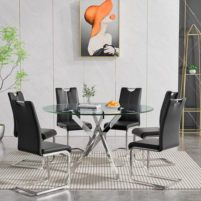 HomVent 7 Piece Round Glass Dining Table Set, Round Glass Kitchen Table Set for 6 with 6 PU Upholstered Dining Chairs for Kitchen Dining Room