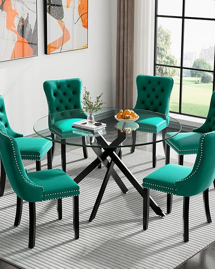 HomVent 7 Piece Round Glass Dining Table Set, Tempered Glass Dinner Table Set for 6 Kitchen Table Set with 6 Velvet Upholstered Chairs for Kitchen Dining Room