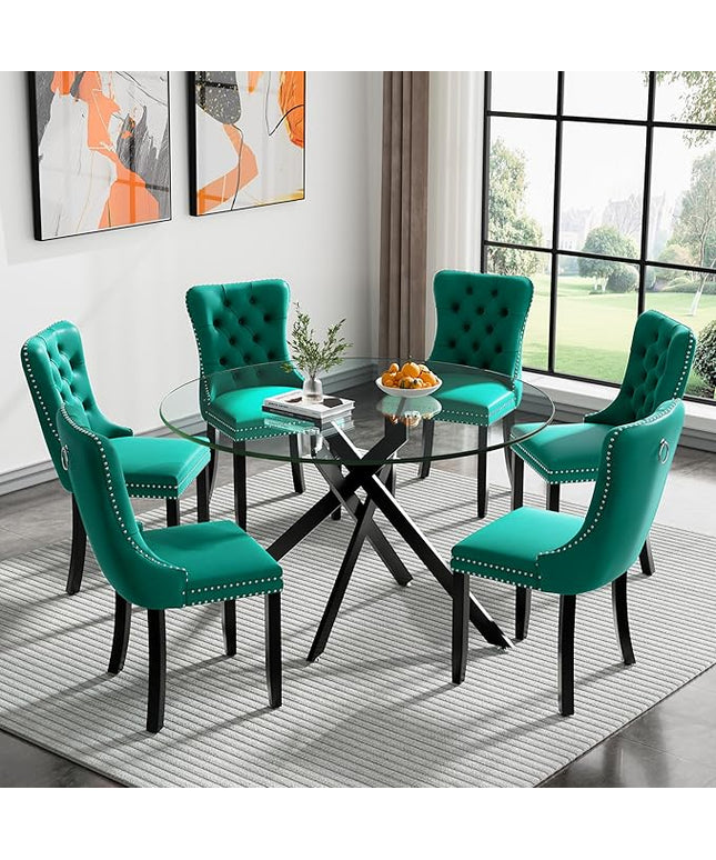 HomVent 7 Piece Round Glass Dining Table Set, Tempered Glass Dinner Table Set for 6 Kitchen Table Set with 6 Velvet Upholstered Chairs for Kitchen Dining Room