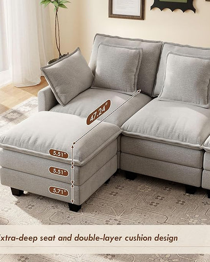 Ihanherry 106" U-Shaped Modern Sofa Modular Sectional Cloud Couch 6-Seat Chenille Seat Sofa with Ottoman for Living Room, Bedroom and Apartment, Grey