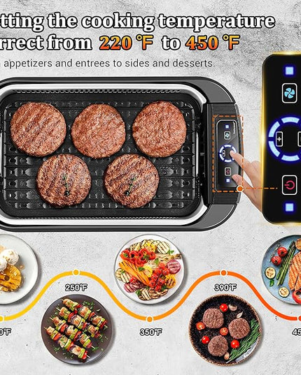 Indoor Smokeless Grill, Techwood 1500W Electric Indoor Grill with Tempered Glass Lid, Portable Non-stick BBQ Korean, Turbo Smoke Extractor Technology, Drip Tray& Double Removable Plate, Black