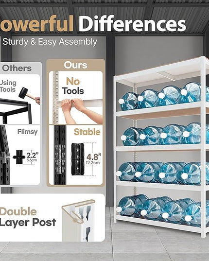 HOMEDANT House 48.1" W 5 Tier Heavy Duty Garage Shelving Adjustable Metal Rack Storage Shelves Standing Shelf Unit Organizers Industrial Warehouse Basement White 1Pack