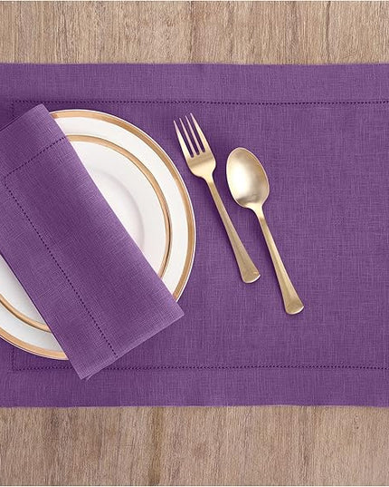 Solino Home Linen Placemats Set of 4 - Classic Hemstitch Purple Placemats 14 x 19 Inch - 100% Pure Linen Table Mats for Winter, Holiday, Christmas, New Year