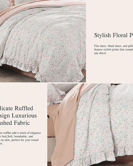 King Comforter Set - 7 Pieces Ruffle Pink Ditzy Bedding Sets, Shabby Chic Farmhouse Bed in a Bag King with Floral Comforter, Sheets, Pillowcases & Shams