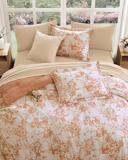 King Comforter Set -7 Pieces Autumn Leaf Floral Comforter Set for All Seasons, Bed in a Bag King with Botanical Flowers Comforter, Sheets, Pillowcases & Shams