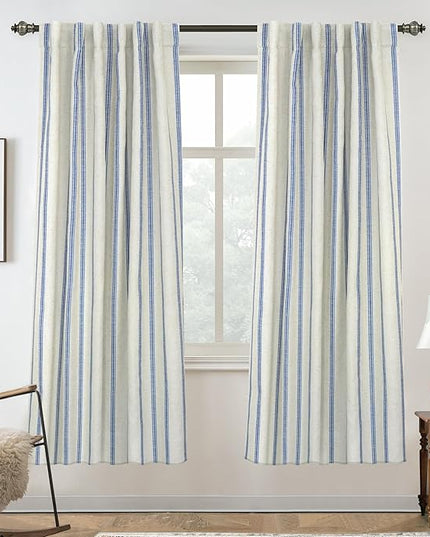 DriftAway Farmhouse Linen Blend Blackout Curtains 72 Inches Long for Bedroom Vertical Striped Printed Linen Curtains Thermal Insulated Lined Treatments for Living Room 2 Panels W52 x L72 Linen Navy