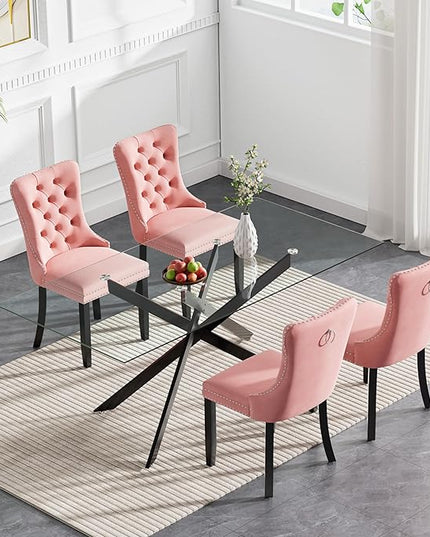 Modern 5-Piece Glass Dining Table Set for 4, Modern 60" Rectangle Black Glass Dining Room Table Set with Pink Velvet Tufted Chairs Wood Legs for Kitchen Dining Room