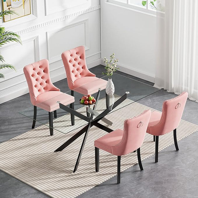 Modern 5-Piece Glass Dining Table Set for 4, Modern 60" Rectangle Black Glass Dining Room Table Set with Pink Velvet Tufted Chairs Wood Legs for Kitchen Dining Room