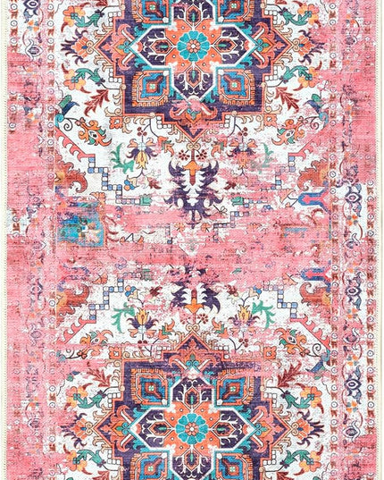 GLN Rugs Traditional Collection - Machine Washable Area Rug, Traditional Washable, Non Slip, Low Pile Chenille Rug, Living Room, Bedroom, Kitchen Rug (2'6"x6'6" Pink)