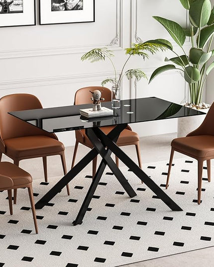 51" Rectangular Glass Dining Table Modern Kitchen Glass Top Table for 4 with Black Metal Legs, Clear Dining Table Kitchen Table for Home Office Dining Room