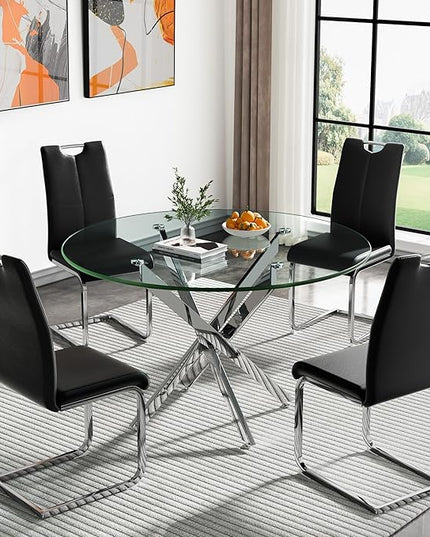 HomVent Round Glass Dining Table Set for 4, 5-Piece Modern Kitchen Table Set with 4 PU Upholstered Chair for Kitchen Dining Room, Glass Dining Room Table Set