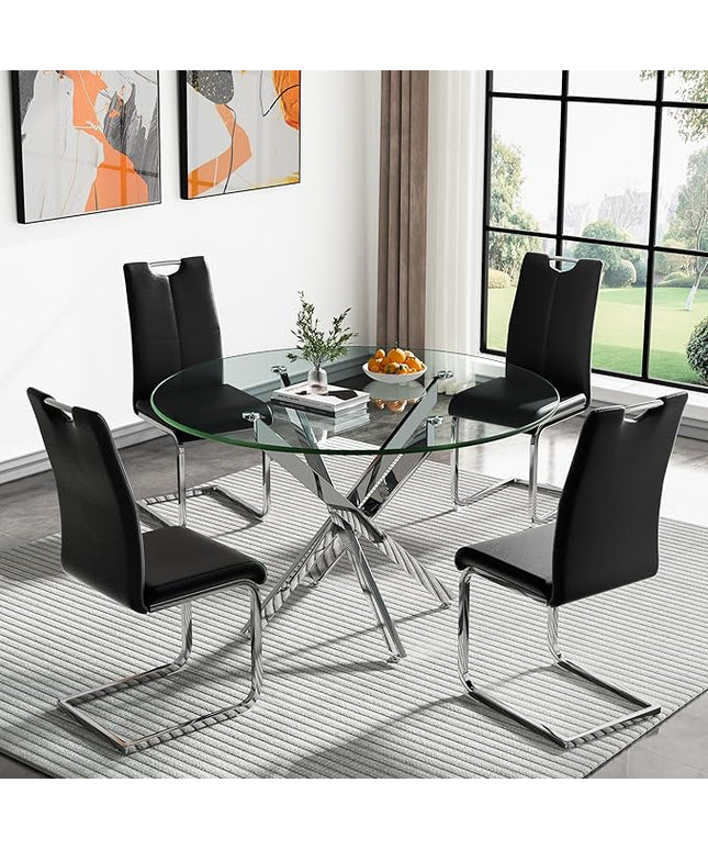 HomVent Round Glass Dining Table Set for 4, 5-Piece Modern Kitchen Table Set with 4 PU Upholstered Chair for Kitchen Dining Room, Glass Dining Room Table Set