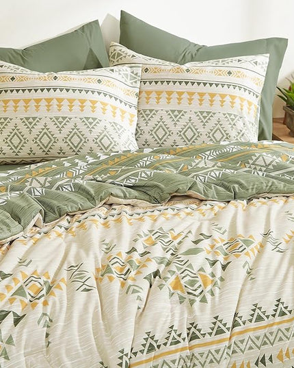 Geniospin Queen Comforter Set - 7 Pieces Reversible Bedding Set, Boho Bed in A Bag, Lightweight Soft Aztec Bedding, All Season Bed Comforter Set with Sheets, Pillowcases & Shams
