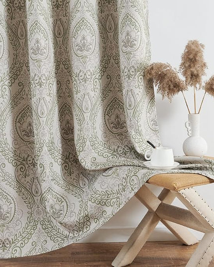 jinchan Linen Textured Curtains for Living Room Darkening 96 Inches Long, Medallion Drapes for Bedroom, Damask Pattern Window Treatments Vintage Curtain Panels, 2 Panels Sage Green on Greige