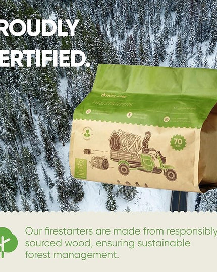Inflame Fire Starters 70 pcs Fire Starters for Campfires, Grill, BBQ, Fireplace, Woodstove - Charcoal Starter - Waterproof, Weather-Resistant - Natural Wood Fireplace Starters