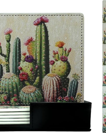 Marble Coasters Square Leather Drinks Coaster Set with Holder for Coffee Table Bar Home Decor 4 Inches Set of 6 (Cactus, One Size)
