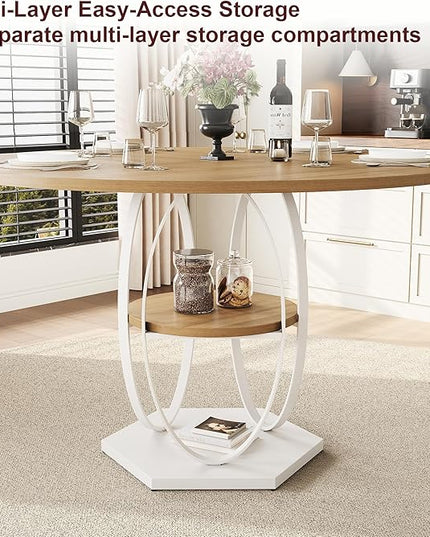 Round Dining Table for 4, 3-Tier Dinner Room Tables with Storage Shelf, Space Saving Small Kitchen Table, Farmhouse Dinner Table with Wooden Tabletop and Hexagonal Base (Wood, 47inch)